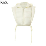 Kliou Side Hollow Out Women Cotton Jacket Unique Irregular Shape Bandage High Street Top Autumn Sleeveless Zipper Hooded
