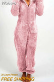 Women Overall Homewear Warm Fleece Hooded High Waist Autumn Winter Solid Color Jumpsuit Pants Jumpsuits Pajama-Outfit
