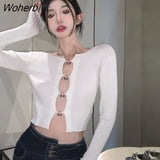 Sweaters Sexy Cropped Design Top Cutout Solid Color Knitted Long Sleeves-Outfit