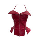 Shoot Hottie Hanging Neck Zipper Open Fork Sling Vest Pu Skin Bra Repair Short Sleeveless Top
