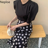 2 Piece Set Women Korean Shirt Suit Knit Puff Sleeve Y2K Top High Waist Print Bodycon Skirt Ropa Mujer Two Pieces Outfits-Outfit
