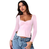 Women Slim Fit Long Flare Sleeve T-shirts Spring Solid Square Neck Ruched Side Split T-shirts Basic Tops-Outfit