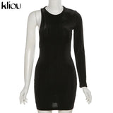 Kliou Knitting Cotton Mini Dress Women Solid Sexy Hipster One Shoulder Bodycon Sheath Shaped Waist Clubwear Female Skirts