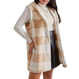 And Winter Fashion Burst Temperament Cardigan Two-Color Lattice Hooded Lady Plush Vest Coat