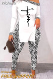 Of Two Fashion Pieces For Women Long Sleeve Slit Letter Print Top & Skinny Pants Set Daily Tracksuit FreteGratis-Outfit
