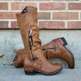 Women Knee High Boots Vintage PU Leather Round Toe Western Cowboy Long Boots Female Low Heel Side Zipper Work Snow