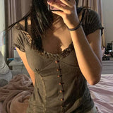 Y2k Short Sleeve T-Shirts Tops for Women Teens Girls Vintage Aesthetic Graphic Fairy Grunge Lace Summer Tees
