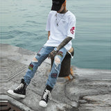 Size Hole Print Pencil Pants Streetwear Graffiti Vaqueros Hombre Ripped Jeans for Men Hip Hop Skinny Jeans