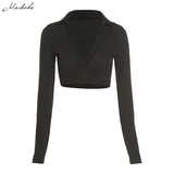 Autumn Solid Slim T Shirt Women Knitting Fashion Long Sleeve V Neck Clothing Lady Street Ultrashort Top 2020