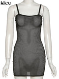 Kliou Grid Farbic Mini Dress Womer Summer Sexy Camis Bodycon Robe Solid Slim Party Club Attirewear Girl Go Out Charming