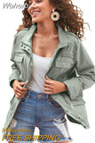 Fashion Polo Collar Solid Color Lace Jacket Top Pocket Button Drawstring Long Sleeve Women's Coat Spring Summer-Outfit