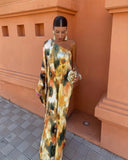 Elegant Printed Diagonal Neck Maxi Dress For Women Sexy Backless Single Flare Sleeve Robe 2024 Summer Lady High Streetwear-Outfit