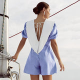 Summer Striped Jumpsuits Woman 2022 Elegant Peter Pan Collar Lace-Up Bodysuits Chic Short Sleeve Backless Overalls