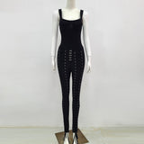 Quality Black White sleeveless Weaving Rayon Bandage Jumpsuit Cocktail Party Bodycon Jumpsuit