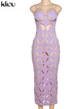 Kliou Unique Style Geometric Maxi Dress Women Elegant Spaghetti Strap Cleavage Backless Hollow Out Robe High Street Lady