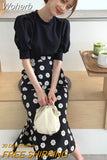2 Piece Set Women Korean Shirt Suit Knit Puff Sleeve Y2K Top High Waist Print Bodycon Skirt Ropa Mujer Two Pieces Outfits-Outfit