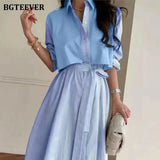 Autumn Casual Striped Fake 2 Pieces Women Dress Turn-down Collar Single-breasted Lace-up Female Loose A-line Dress-Outfit
