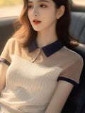 Chic And Beautiful Striped POLO Collar Short-Sleeved Shirt Women's Summer Unique Design Sense Of The