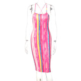 Tie Dye Print Sleeveless Backless Halter Sexy Midi Dress 2021 Summer Women Fashion Streetwear Outfits Club