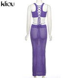Kliou Knitted Two Piece Set Women Skirt Elegant Classy Back Criss Cross Bandage Camisole Top+Ribbons Hollow Out Female