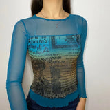 Graphic Print Green Mesh Sheer T-shirt Long Flare Sleeve Slim Crop Tops Sexy See Trough Women Tops Y2K Vintage