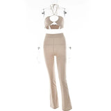 Knitted Two Piece Set Women Summer Outfits Halter Crop Top+ Straight Pant Matching Sets Femme Sexy Streetwear