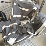 Women's Knitted 3 Piece Sets Casual Striped Sweater Suits Knit Cardigan Coats+pullover Vest Tops+knitwear Wide Leg Pants Outfits-Outfit
