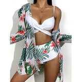 2021 Summer Sexy Floral Print Bikini Swimsuit Women 3 Piece High Waist Bikini Set Swimwear Female Push Up Bathing