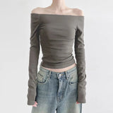 Woherb Wind Foundation Simple Solid Color One Word Collar Off-Shoulder Bottom T-Shirt 2023 New Temperament Age Reduction Slim Jacket-Outfit