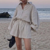 Women Linen Shorts Set 2021 Turn-down Collar Long Sleeve Top Shirt And Shorts Casual Two Pieces Set Loose Outfit
