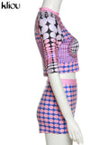 Kliou Aesthetic Polka Dots Print Two Piece Set Women Casual O-neck Half Sleeve Slim Fit Tops+Fashion Streetwear Hipster
