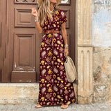 2020 Bohemian Summer Casual Belt Print Split Women's Dress Fashion Sexy Deep V Neck Short Sleeve Ladies Dresses