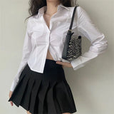 Spring All-Match White Women's Shirt Korean Style Button Up Long Sleeve Blouse Ladies Sexy Slim Fit Pockets Short Shirts-Outfit
