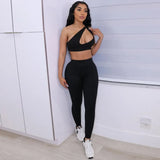 Kliou Sporty Solid Two Piece Set Women Skinny Inclined Shoulder Hole Cleavage Tank Tops+ Concise Stretchy Pants Workout