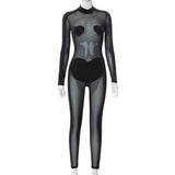 Mesh Patchwork Solid Long Sleeves See Through Zip Up Sexy Jumpsuit 2022 Summer Bodycon Streetwear Club Outfits