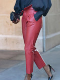 High Waist Zipper Fly Solid Ankle-Length Regular Leather