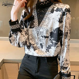 Plus Size Stand Collar Female Shirts New Elegant Floral Blouse Women Long Sleeve Lace Stiching Printing Ladies Tops
