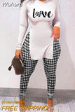 Of Two Fashion Pieces For Women Long Sleeve Slit Letter Print Top & Skinny Pants Set Daily Tracksuit FreteGratis-Outfit
