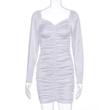 2021 Long Puff Sleeve Slash Neck Satin Pleated Sexy Mini Dress Autumn Winter Women Solid Party Elegant Streetwear