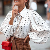 Women's Blouses Fashion Autumn Party Polka Dot Long Lantern Sleeve Lapel Shirt Celmia Elegant Tops Office Loose