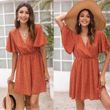 hirigin Women Vintage Ruffles Sleeve Dresses Summer Polka Dot Printed V-Neck Sexy Mini Dress Ladies Casual Beach Party