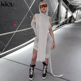 Kliou Knitted Dress Women Sexy See Through X-Long Hoody Tops+One Shoulder Drawstring Ruched Robe Skirt Hipster Future