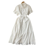 Gentle Wind Turn Collar Bubble Sleeve Medium-Long Shirt Skirt Lace Thin Hollow-Out Design French Dress-Outfit