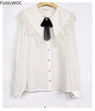 Cute Retro Vintage Ruffles Bow Tie Ribbon Tops Flhjlwoc Basic Elegant Work Formal Single Breasted Button Solid White