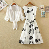 Summer Retro Flower Printed Dress And Solid Color Blouse Women Sets Fashion Female