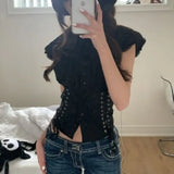 Chic Bandage Crop Top Y2k Vintage Grunge Black T-Shirts Women Button Slim Croset Aesthetic Punk Style Gothic Bustiers-Outfit