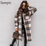 2021 Khaki Autumn Loose Plaid Single Breasted Long Coat Jacket Women Pocket Casual Long Sleeve Winter Jacket Coat