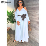 Elegant Off The Shoulder Long Dress Women Fashion Holiday Style Off The Shoulder Lace-up Loose Long Dress Women-Outfit