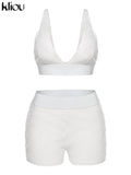 Kliou Mesh Patchwork Two Piece Set Women Sexy Solid Deep V-Neck Crop Tops+ See Through High Waist Skinny Female Matching
