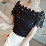 Casual Sexy Women Tops And Blouses Short Sleeve Hollow Out Fashion Elegant Blouses Women Ladies Lace Patchwork Blouse